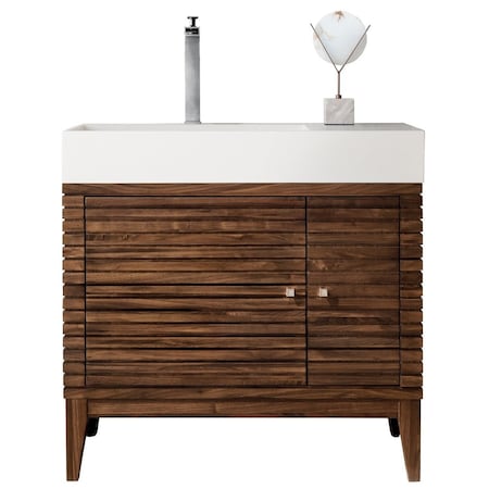 James Martin Vanities Linear 36in Single Vanity, Mid-Century Walnut w/ Glossy White Composite Stone Top 210-V36-WLT-GW
